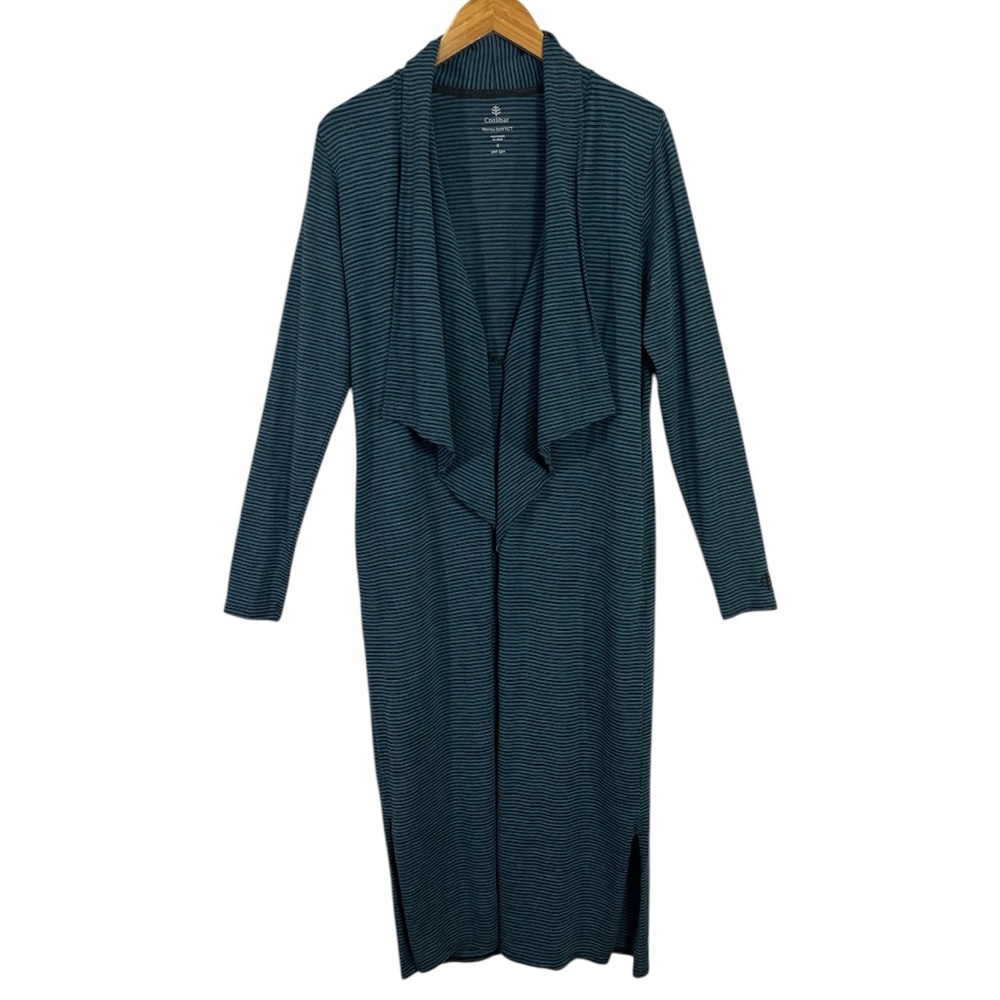 Coolibar Merino SUNTECT Blue and Grey Striped Long Cardigan Size Small